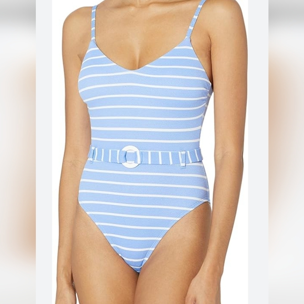 Splendid Belted Tank Suit, Periwinkle and White Stripe, Medium